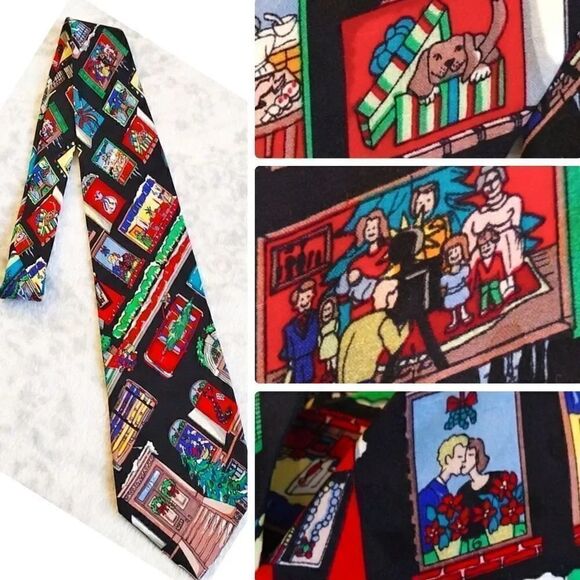 VTG 90s Nicole Miller Christmas In The City Print Hand Sewn Silk Neck Tie - Picture 1 of 14